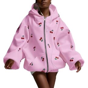 Xunger Women's Cute Cherry Hoodie Long Sleeve Zip Up Printed Jacket Oversized Warm Sweatshirt with Pocket