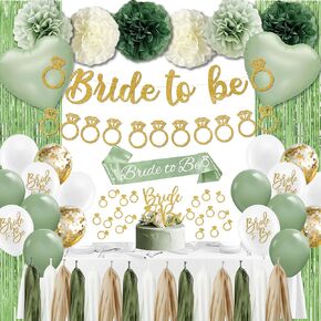 Sage Green Bachelorette Party Decorations, Bride to Be banner, Bridal Shower Decorations with Balloons,Bridal Sash, Paper Pompoms for Bachelorette Engagement Party favors