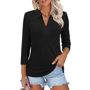 Women's V-Neck Polo Shirt Short Sleeve Collared Top for Work & Golf & Business Casual 3/4 Sleeve Blouse Summer Tops