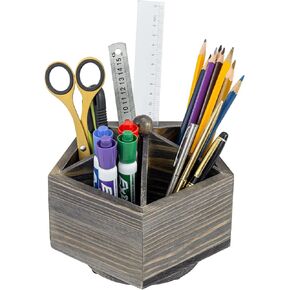 MyGift 5 Compartment Rotating Pencil Holder ، Weathered Grey Wood Wood Engetric Shape Shape Pen Pencors و Excessories Supplies Supplies Organizer مع قاعدة غزل 360 درجة