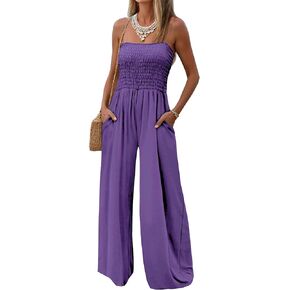 Womens Casual Strapless Summer Jumpsuits Loose Off Shoulder Smocked Sleeveless Wide Leg Romper with Pockets