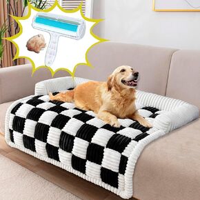 Zeus & Ruta Washable Pet Couch Covers for Sofa, Large Dog Couch Cover Bed Furniture Protector Cream Square Plaid Pet Mat for Furniture Protector Sofa Cover for Dogs, Large (Coffee, 29.5“*29.5")