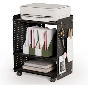 Fenge Printer Stand, 3 Tier Under Desk Printer Table with Adjustable Shelf, 22x18 Inch Mobile Printer Shelf with Wheels, Printer Cart with Pegboard for Home Office Storage and Organization