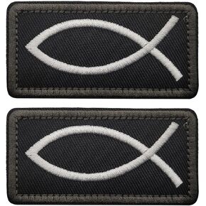 2 PCS EmWoot Christian Fish Patch Ichthys Patch Jesus Fish Patch Embroidered Tactical Morale Patches Hook and Loop Applique Fastener(Black White Grey Border)
