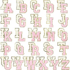 CHENGU 52 Pieces Chenille Letter Patches A-Z Alphabet Iron on Patches Bulk Gold Glitter Border Repair Embroidered Patch for Clothing Caps Sweaters Bags Jackets Shirt(Pink, White, Glitter Style)