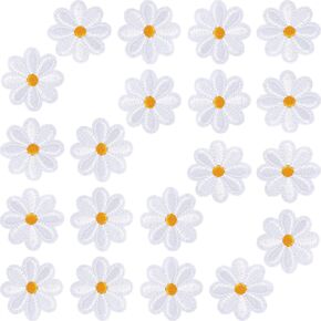 20pcs Daisy Flower Iron on Patch, Cute Flower Sew on Repair Patch, Floral Embroidered Applique Sewing Accessories for Hat Bag Jackets Jeans Shoes Decoration- White