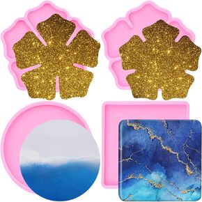 Coaster Molds Square Coaster Molds Round Epoxy Resin Molds Flower Coaster Silicone Resin Molds for DIY Making Coasters Resin Artwork Home Decor Set of 4