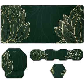 MOSISO Extended Gaming Mouse Pad&Hexagon Keyboard Wrist Rest&Mousepad with Wrist Support&Coaster, Leaf Ergonomic Easy Typing Cushion with Memory Foam for Home Office, Golden Line Canna Leaf
