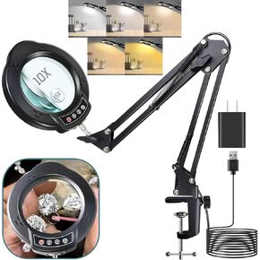 15X & 10X Magnifying Glass with Light and Clamp, Real Glass Stand Lighted Magnifier, 3 Color Modes Stepless Dimmable LED Desk Lamp Hands Free for Crafts Hobby Reading Sewing Close Work