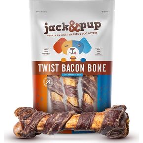 Jack&Pup Pork Femur Dog Bones for Aggressive Chewers | All Natural Twist Bacon Dog Bones for Large Dogs | Smoked Pork Flavored Long Lasting Dog Chew Bone (3 Pk)