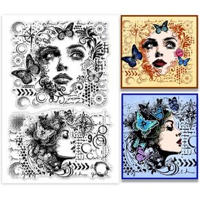 PH PandaHall Vintage Women Clear Stamps Flower Butterfly Silicone Stamps Retro Face Transparent Stamps Rubber Clear Stamps for Holiday Card Making Decoration DIY Scrapbooking Embossing Album Decor