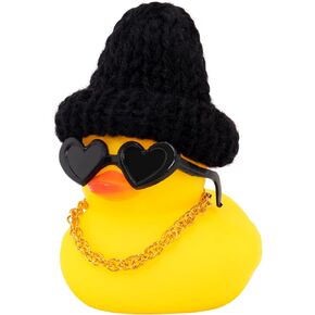 wonuu Car Dashboard Knitted Rubber Ducks, Christmas Eve Decorations Rubber Ducky for Car Ornament Cute Duck with Knit Hat, Glasses, Necklace (Pink)