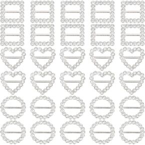 Framendino, 30 Pack Crystal Rhinestone Ribbon Buckles Sliders for Clothing Decoration Heart Square Round Silver
