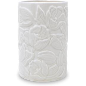 Vera Bradley Cute Pencil Holder for Desk with Raised Floral Design, Ceramic Office Desk Organizer, Meadow Bouquet Tonal Seedpearl