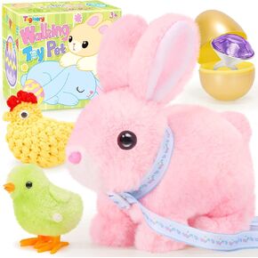 Tagitary Plush Toys Walking Bunny for Kids,Easter Stuffed Bunny with Sounds,Interactive Toys with Leash,Golden Egg,Wind Up Toy and Ring,Can Hop,Wiggle Ears,Twitch Nose,Ideal Easter Gifts for Toddlers