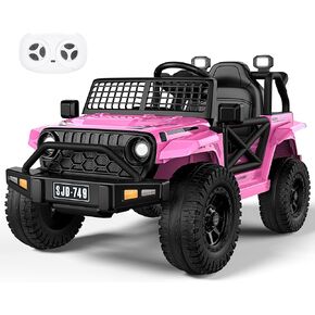 12V Kids Toddler Ride On Truck Electric Jeep - 7Ah Large Battery Kids Electric Vehicles with Remote Control, 2 Speeds, LED Lights, Horn, Music for Kids Pink