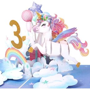 Liif Unicorn Happy 3rd Birthday Card, Pop Up Birthday Card for 3 Year Old for Kids, Girl