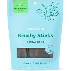 Bocce’s Bakery Dailies Brushy Sticks to Support Oral Health & Fresh Breath, Wheat-Free Dental Bars for Dogs, Made with Real Ingredients, Baked in the USA, All-Natural Coconut & Mint Recipe, Large Dogs