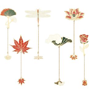 6pcs Plant Bookmark, 6 Style Cute Metal Bookmark with Chain Aesthetic Maple Lotus Leaf Book Marks Dragonfly Flower Bookmarks for Women Book Lovers Readers Writers Students