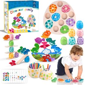 Aliex 4 in 1 Montessori Toys 12+ Months, Wooden Dinosaur Blocks Stacking Balance Toys, Stick Color Sorting,Egg Puzzles Matching Game,Preschool Education Learning Gift for Toddlers 1-3 Boys Girls