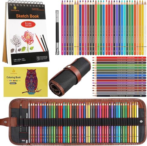 Heshengping 72 قلم رصاص ملون لكتب التلوين للكبار Soft Core Pro Colorists فنان رسم رسم مزج تظليل مجموعة أقلام رصاص ملونة هدية للبالغين المبتدئين (مجموعة أقلام رصاص ملونة علبة قصدير حمراء) in Kuwait