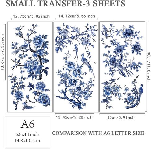 OLYCRAFT 3pcs/Set Blue Flower Rub on Transfers for Furniture and Crafts 6x12 inch Blue Bird Decor Transfer Stickers Blue Landscape Rub on Decals for Wood Furniture Scrapbooking Home Decorations in Saudi Arabia