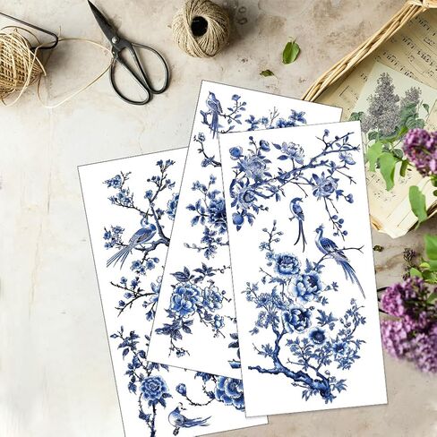 OLYCRAFT 3pcs/Set Blue Flower Rub on Transfers for Furniture and Crafts 6x12 inch Blue Bird Decor Transfer Stickers Blue Landscape Rub on Decals for Wood Furniture Scrapbooking Home Decorations in Saudi Arabia