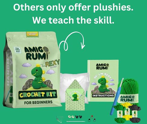 Amigo Rumi Cute Dinosaur Beginners Crochet Kit - Learn How to Crochet Starter Kit - 3+ Hour Video Tutorials & Crocheting Book - Easy to Stitch Yarn - Amigurumi Stuffed Animal for Kids 12+ & Adults in Saudi Arabia