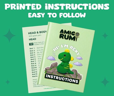Amigo Rumi لطيف ديناصور المبتدئين KIT CORCHET - تعلم كيفية الكروشيه Starter Kit - 3+ ساعات الفيديو التعليمية وكتاب الكروشيه - من السهل غرز الغزل - Amigurumi محشو الحيوانات للأطفال 12+ والكبار in Saudi Arabia