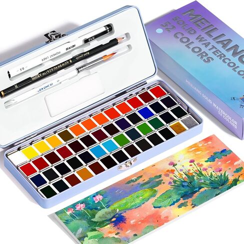 MeiLiang Travel Watercolor Set, 52 Colors Watercolor Paint Set with 1 Drawing Pencil, 1 Paint Brush, 5 Watercolor Paper, 1 Sponge & 1 Black Drawing Pen, Water Colors Paint Adults Set, Purple Case in Saudi Arabia