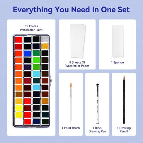 MeiLiang Travel Watercolor Set, 52 Colors Watercolor Paint Set with 1 Drawing Pencil, 1 Paint Brush, 5 Watercolor Paper, 1 Sponge & 1 Black Drawing Pen, Water Colors Paint Adults Set, Purple Case in Saudi Arabia