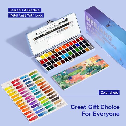 MeiLiang Travel Watercolor Set, 52 Colors Watercolor Paint Set with 1 Drawing Pencil, 1 Paint Brush, 5 Watercolor Paper, 1 Sponge & 1 Black Drawing Pen, Water Colors Paint Adults Set, Purple Case in Saudi Arabia