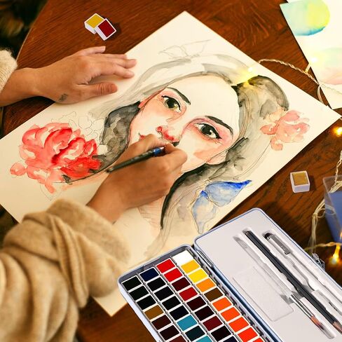 MeiLiang Travel Watercolor Set, 52 Colors Watercolor Paint Set with 1 Drawing Pencil, 1 Paint Brush, 5 Watercolor Paper, 1 Sponge & 1 Black Drawing Pen, Water Colors Paint Adults Set, Purple Case in Saudi Arabia