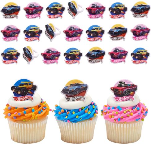 Hot Wheels™ Rings | 24 Epic Stunt Cupcake Toppers | DecoPac Hot Wheels Cars Cake Decorations, Multi-colored, Food Safe & Ready To Use - 24 Pack in Kuwait