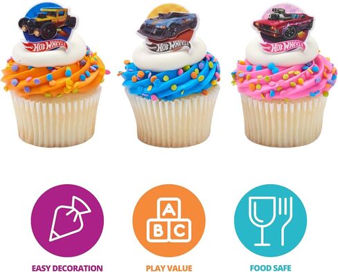 Hot Wheels™ Rings | 24 Epic Stunt Cupcake Toppers | DecoPac Hot Wheels Cars Cake Decorations, Multi-colored, Food Safe & Ready To Use - 24 Pack in Kuwait