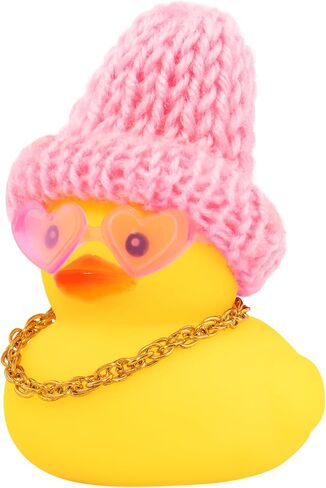 wonuu Car Dashboard Knitted Rubber Ducks, Christmas Eve Decorations Rubber Ducky for Car Ornament Cute Duck with Knit Hat, Glasses, Necklace (Pink) in Kuwait