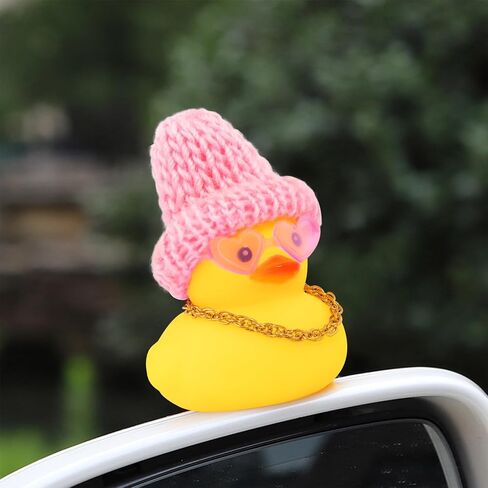 wonuu Car Dashboard Knitted Rubber Ducks, Christmas Eve Decorations Rubber Ducky for Car Ornament Cute Duck with Knit Hat, Glasses, Necklace (Pink) in Kuwait