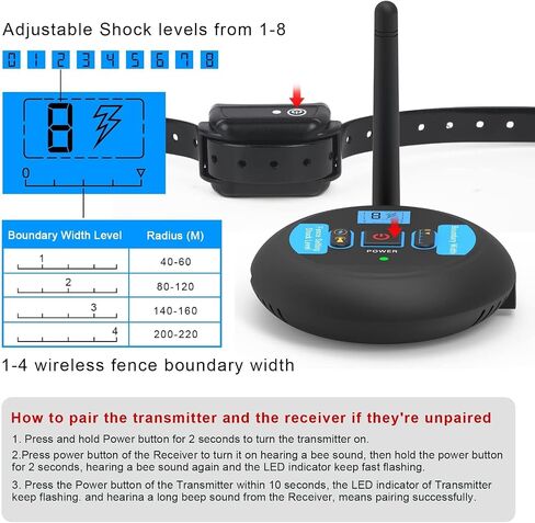 Yancen Wireless Dog Bence نظام احتواء كهربائي PET ، قوة صدمة نطاق التحكم القابلة للتعديل ، فعالة آمنة لا بشكل عشوائي على التصحيح ، طوق الكلب المقاوم للماء القابل لإعادة الشحن in Kuwait