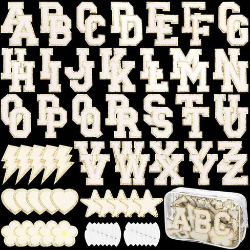 White Chenille Letters Iron on Patches, 72 Pcs Self Adhesive Applique Alphabets 2.2 Inch Sew on Letters Patches Varsity Initial Fabric Stickers Fuzzy Towel Embroidered Patches for Clothing Caps in Kuwait