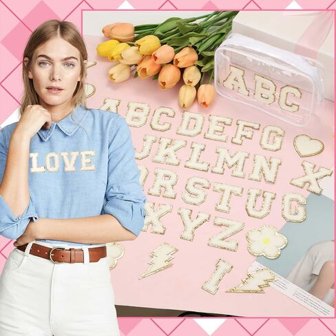 White Chenille Letters Iron on Patches, 72 Pcs Self Adhesive Applique Alphabets 2.2 Inch Sew on Letters Patches Varsity Initial Fabric Stickers Fuzzy Towel Embroidered Patches for Clothing Caps in Kuwait