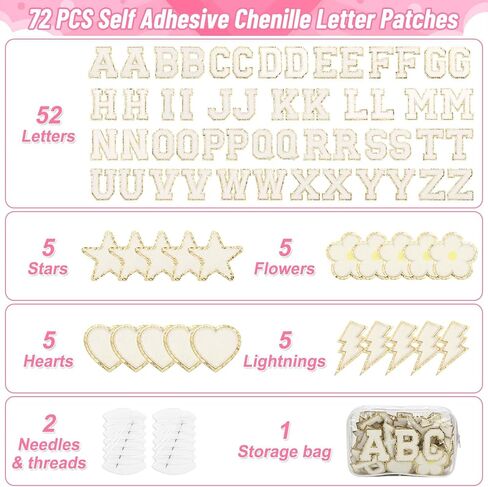 White Chenille Letters Iron on Patches, 72 Pcs Self Adhesive Applique Alphabets 2.2 Inch Sew on Letters Patches Varsity Initial Fabric Stickers Fuzzy Towel Embroidered Patches for Clothing Caps in Kuwait