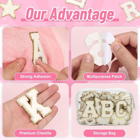 White Chenille Letters Iron on Patches, 72 Pcs Self Adhesive Applique Alphabets 2.2 Inch Sew on Letters Patches Varsity Initial Fabric Stickers Fuzzy Towel Embroidered Patches for Clothing Caps in Kuwait