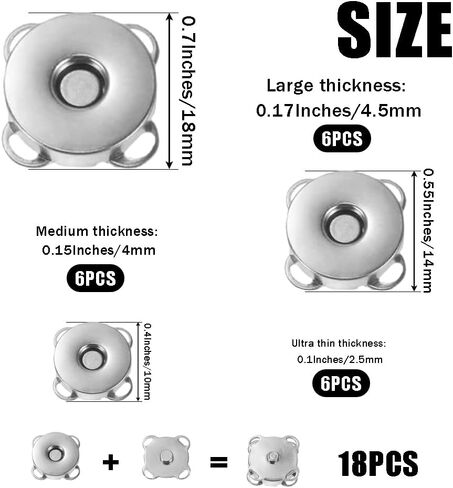MIUPOO Metal Suction Sew On Snaps Buttons for Sewing Supplies, Fasteners Press Studs for Sewing Clothes,Snap Clasps Button for Clothes Jeans Overcoat DIY,18 Sets,Silver, Mixed Size in Saudi Arabia