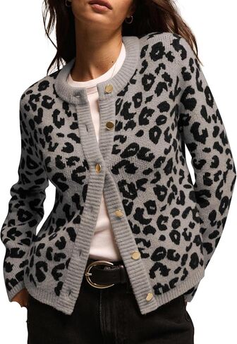 Women Leopard Print Cardigan Open Front Button Down Sweater Long Sleeve Cotton Knit Fall Clothes Outerwear Coats in Kuwait