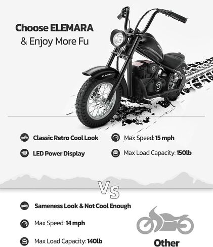 ELEMARA Electric Dirt Bike, 15 mph & 150lb Max, 24V Ride on Toy for Big Kids w/LED Lights & Power Display, Chain-Driven Motor, Twist-Grip Throttle, Shock Springs, Handbrake, 12" Air-Filled Tires-Black in Saudi Arabia