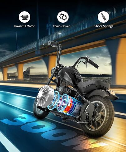 ELEMARA Electric Dirt Bike, 15 mph & 150lb Max, 24V Ride on Toy for Big Kids w/LED Lights & Power Display, Chain-Driven Motor, Twist-Grip Throttle, Shock Springs, Handbrake, 12" Air-Filled Tires-Black in Saudi Arabia