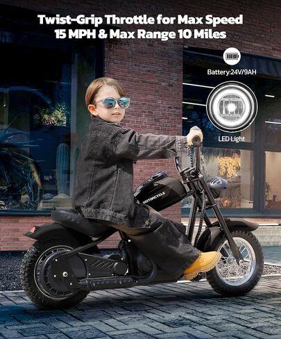 ELEMARA Electric Dirt Bike, 15 mph & 150lb Max, 24V Ride on Toy for Big Kids w/LED Lights & Power Display, Chain-Driven Motor, Twist-Grip Throttle, Shock Springs, Handbrake, 12" Air-Filled Tires-Black in Saudi Arabia
