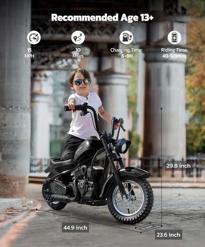 ELEMARA Electric Dirt Bike, 15 mph & 150lb Max, 24V Ride on Toy for Big Kids w/LED Lights & Power Display, Chain-Driven Motor, Twist-Grip Throttle, Shock Springs, Handbrake, 12" Air-Filled Tires-Black in Saudi Arabia