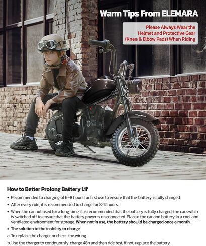 ELEMARA Electric Dirt Bike, 15 mph & 150lb Max, 24V Ride on Toy for Big Kids w/LED Lights & Power Display, Chain-Driven Motor, Twist-Grip Throttle, Shock Springs, Handbrake, 12" Air-Filled Tires-Black in Saudi Arabia