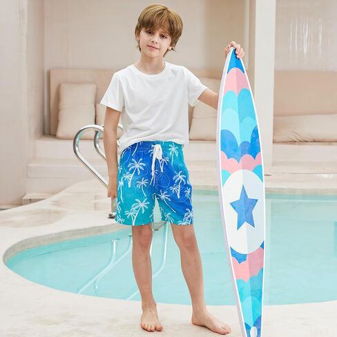 Boy's Swim Trunks Size 18 Waterproof Tropical Blue Palm Tree Kids Running Cycling Swim Board Shorts Child Bathing Suits with Inner Pocket Summer Compression Liner Swimming Suit 18 20 in Saudi Arabia